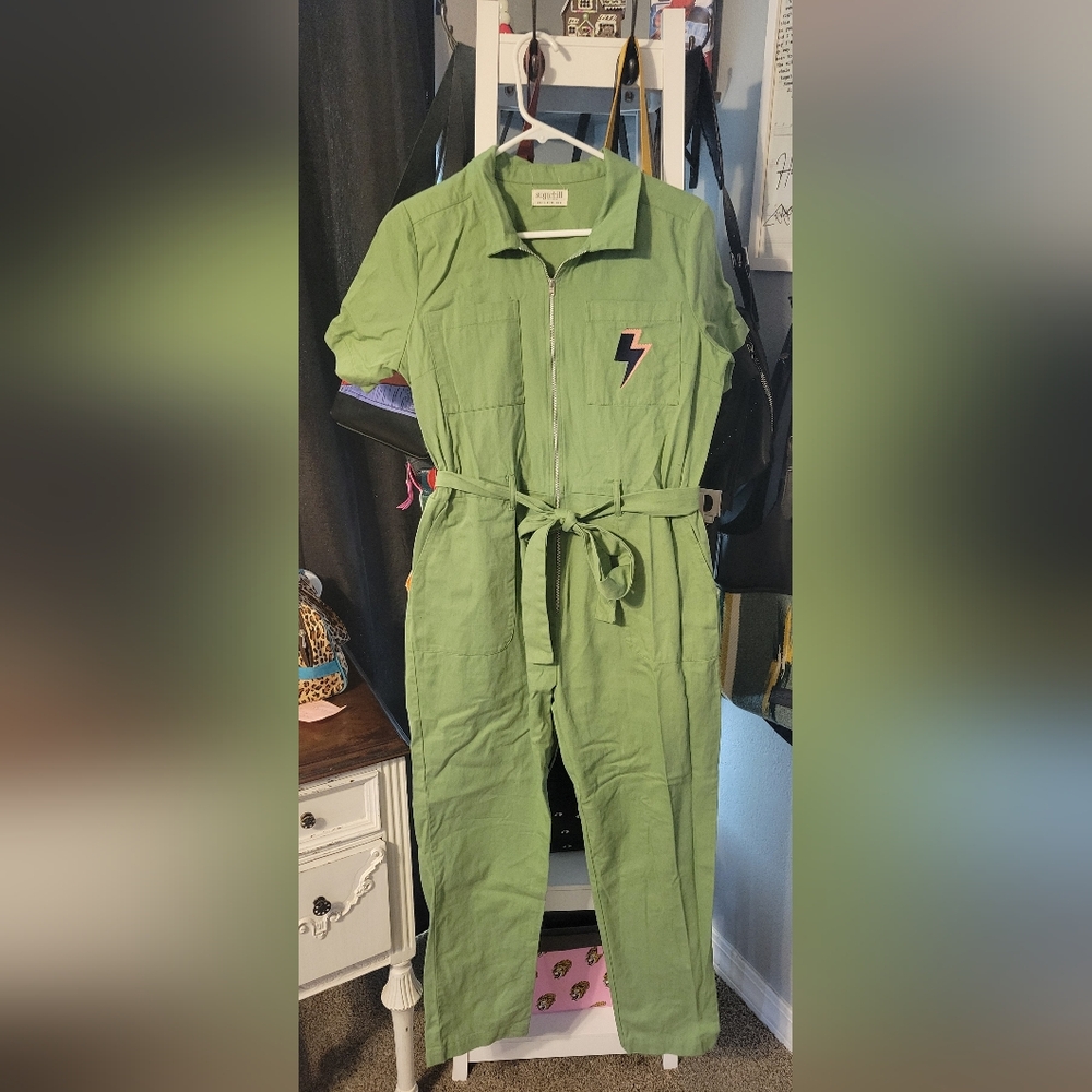 Green Jumpsuit with Lightning Bolt Patch